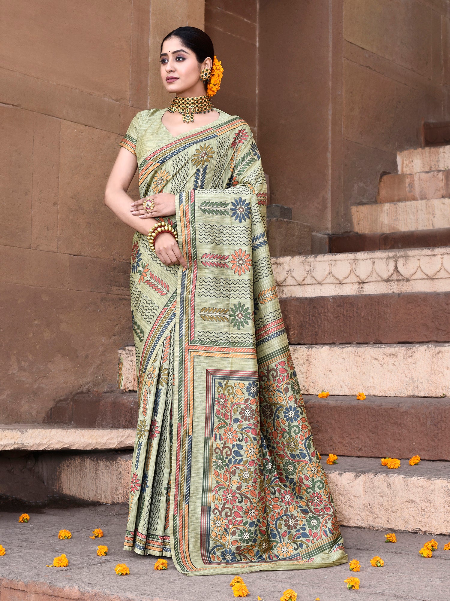 Sophisticated Charm: Olive Green Pure Tussar Silk Kantha Pattern Saree -  Exquisite Indian Elegance – elorafashion