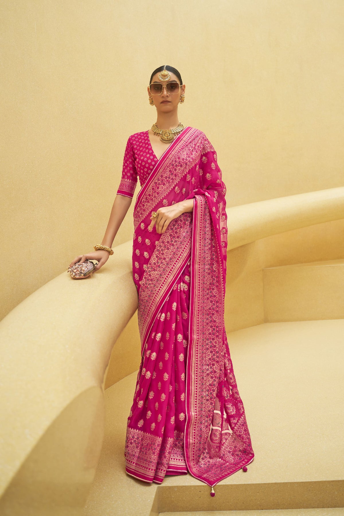 Rani Pink Color Banarasi Silk Zari Work Saree - Clothsvilla